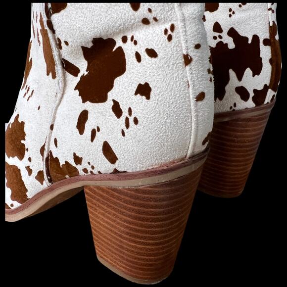 MIA Women's Size 6.5 Ivory Brown Cow Print Ankle Boots Heeled Western Boots - Picture 14 of 14